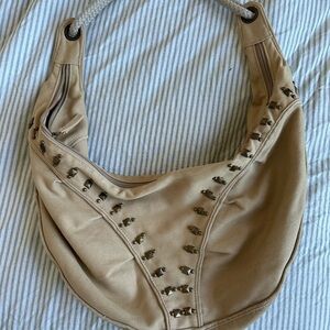 Vintage Beige Studded Hobo Bag with Rope Strap